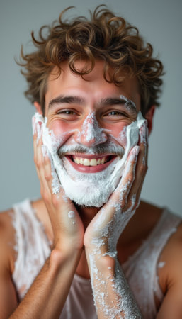 Joyful man applying shaving cream with a big smileの素材