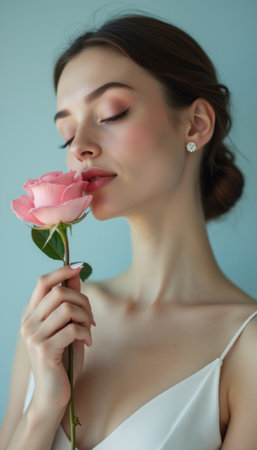 Elegant woman holding a pink roseの素材