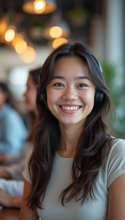 Cheerful young woman with headphones in a cozy cafÃ©の素材