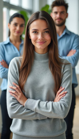 Confident woman leading a team with supportive colleaguesの素材