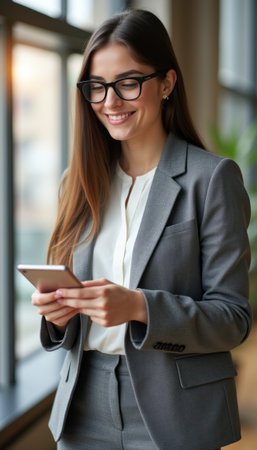 Smiling businesswoman in a gray suit using her smartphoneの素材