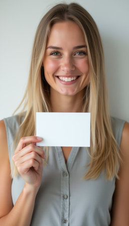 Smiling woman holding a blank cardの素材