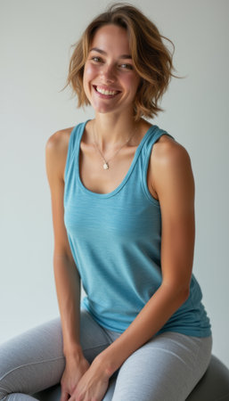 Smiling woman in casual attire radiating positivityの素材