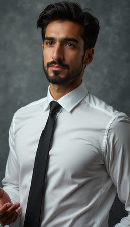 Confident man in a crisp white shirt and black tieの素材