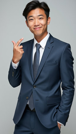 Confident young man in a tailored suit pointing at the cameraの素材
