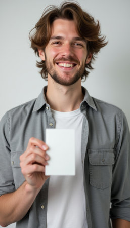 Smiling young man holding a blank cardの素材
