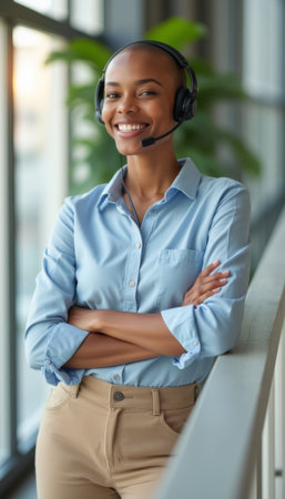 Confident woman in headset smiling at the officeの素材