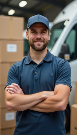 Confident warehouse worker smiling with arms crossedの素材