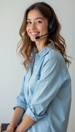 Cheerful woman in headset providing customer supportの素材