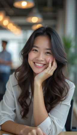 Cheerful woman smiling with hand on chin in a modern workspaceの素材