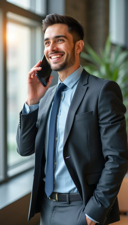Confident businessman smiling while talking on the phoneの素材