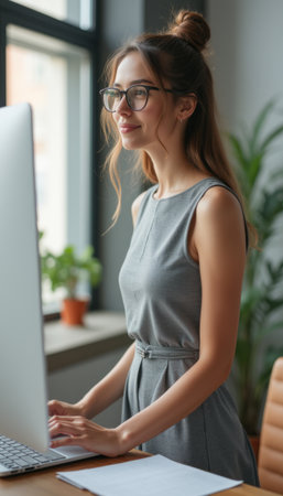 Confident woman working at a computer in a bright officeの素材