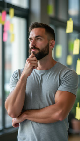 Thoughtful man pondering ideas in a modern workspaceの素材