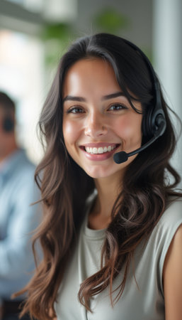 Cheerful woman with headset in a modern officeの素材