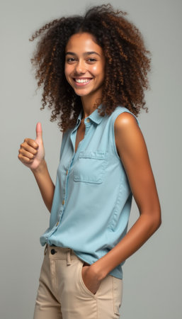 Cheerful woman giving a thumbs upの素材