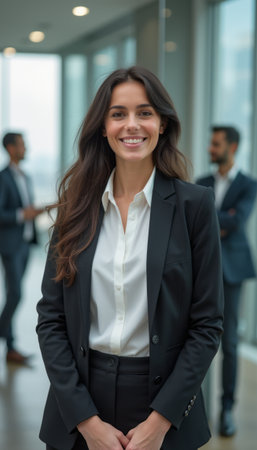 Confident businesswoman smiling in modern officeの素材