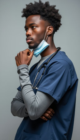 Thoughtful male healthcare professional in scrubsの素材