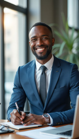 Confident businessman smiling while working at a deskの素材