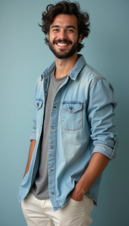 Smiling young man in casual attire against a soft blue backgroundの素材