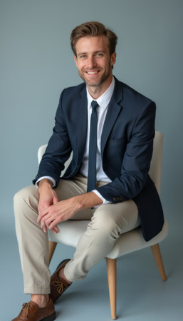 Confident young businessman sitting elegantly in a modern chairの素材