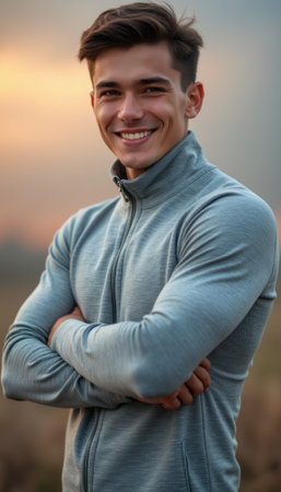 Confident young man smiling in a gray athletic jacketの素材