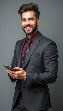 Confident businessman smiling while using smartphoneの素材
