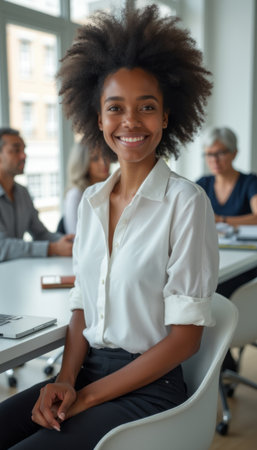 Confident woman smiling in a modern office settingの素材