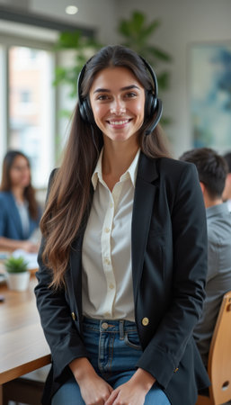 Smiling woman in headphones at a modern officeの素材