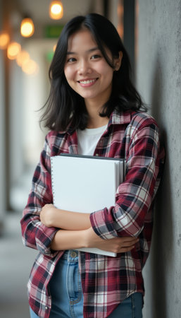 Smiling young woman holding a notebookの素材
