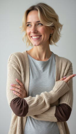 Smiling woman in cozy sweater exuding warmth and joyの素材