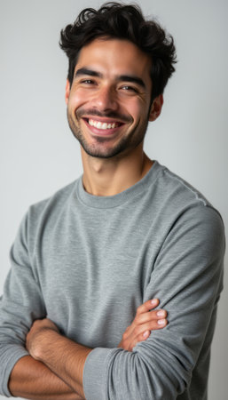 Smiling young man with crossed arms exuding confidenceの素材