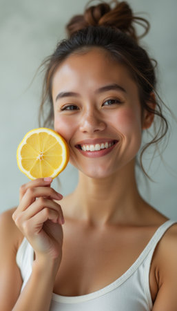 Joyful woman holding a slice of lemonの素材