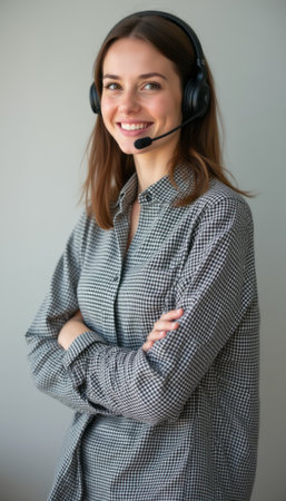 Smiling woman with headset in a checkered shirtの素材