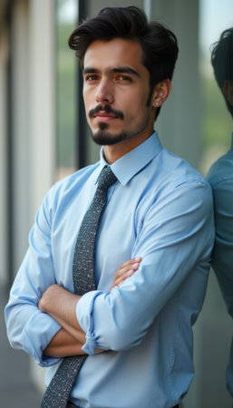 Confident young man in a blue shirt and tieの素材