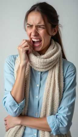 Woman expressing intense emotion while wearing a cozy scarfの素材