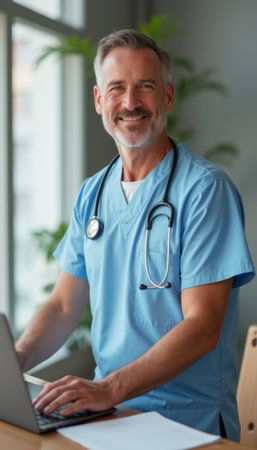 Smiling male doctor in scrubs working on a laptopの素材