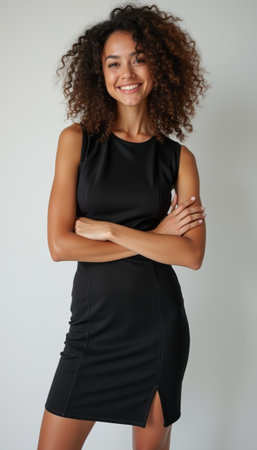 Confident woman in a sleek black dress with a radiant smileの素材