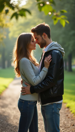 Romantic couple sharing a tender moment in a sunlit parkの素材