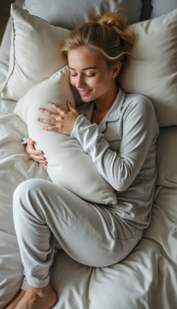 Woman in cozy pajamas embracing a pillow with a joyful smileの素材