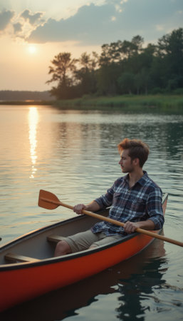 Man paddling a canoe at sunsetの素材