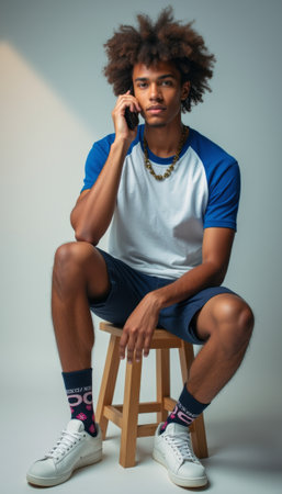 Stylish young man on a stool talking on the phoneの素材