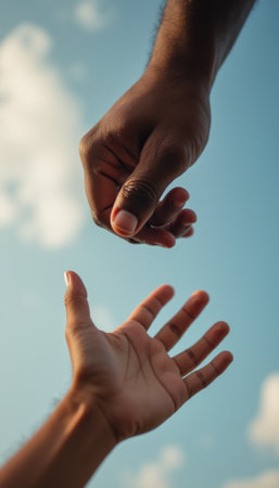 Hands reaching out to each other against a bright skyの素材