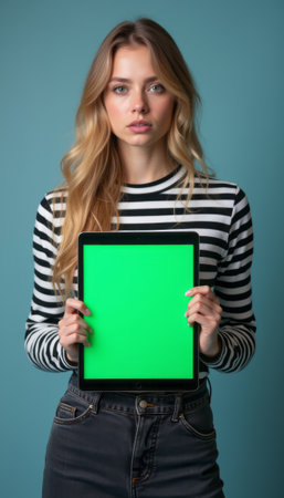 Young woman holding a tablet with a green screenの素材