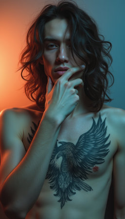 Striking portrait of a tattooed man with long hairの素材