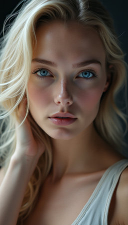 Stunning close-up of a young woman with captivating blue eyesの素材