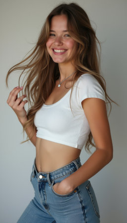 Smiling young woman with flowing hair in casual attireの素材