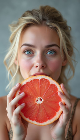 Young woman joyfully holding a fresh grapefruitの素材
