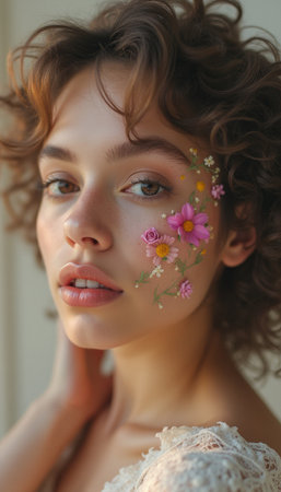 Woman with floral face art radiating natural beautyの素材