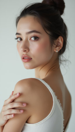 Elegant woman with a soft gaze and natural beautyの素材