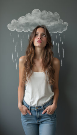 Woman standing under a drawn cloud with rainの素材